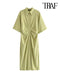 TRAF Women Chic Fashion Button-up Draped Midi Shirt Dress Vintage Short Sleeve Side Zipper Female Dresses Vestidos