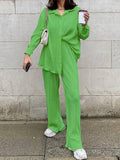 Casual Women&#39;s Shirt Pleated Two Piece Set Green Loose High Waist Wide Leg Pants Suit 2022 Elegant Office Ladies Female Outfits