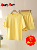 Green Suit Shorts with T-shirt for Women and Top Loose Oversize 100% Cotton Summer Two Piece Set Women Classic Tracksuit Casual