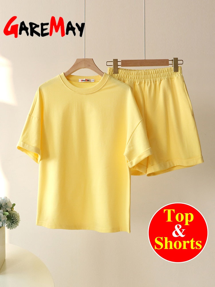 Green Suit Shorts with T-shirt for Women and Top Loose Oversize 100% Cotton Summer Two Piece Set Women Classic Tracksuit Casual