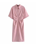 TRAF Women Chic Fashion Button-up Draped Midi Shirt Dress Vintage Short Sleeve Side Zipper Female Dresses Vestidos