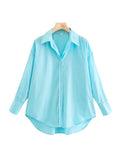 TRAF Women Fashion Loose Asymmetry Poplin Blouses Vintage Long Sleeve Button-up Female Shirts Blusas Chic Tops