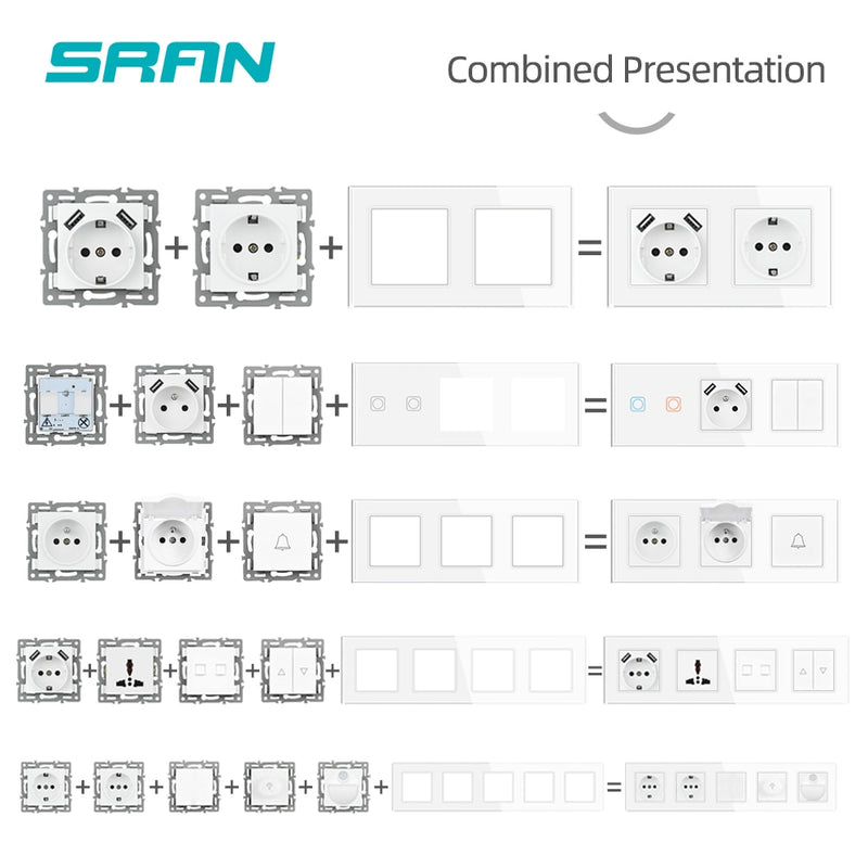 SRAN F6 Series White Crystal Tempered Glass Panel Light switch eu french wall socket usb tv rj45 rj11 Sensor switch Module DIY
