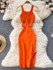 SINGREINY Summer Knit Sexy Strap Dress Women Hollow Out Elatic Waist Bodycon Sundress Female Beach Split Backless Long Dress