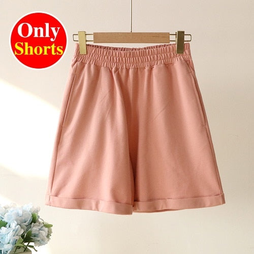 Summer Cotton Tracksuit Women Spring Loose Two Piece Sets Casual Long Sleeve  Sweatshirt &amp; Elastic Waist Shorts Female Outfits