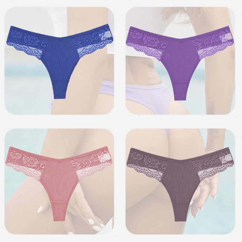 4PCS/Set Sexy Women Cotton Panties Lace Thong Underwear for Female Intimates Lingerie T-Back Floral Hollow Out Plus Size Panties