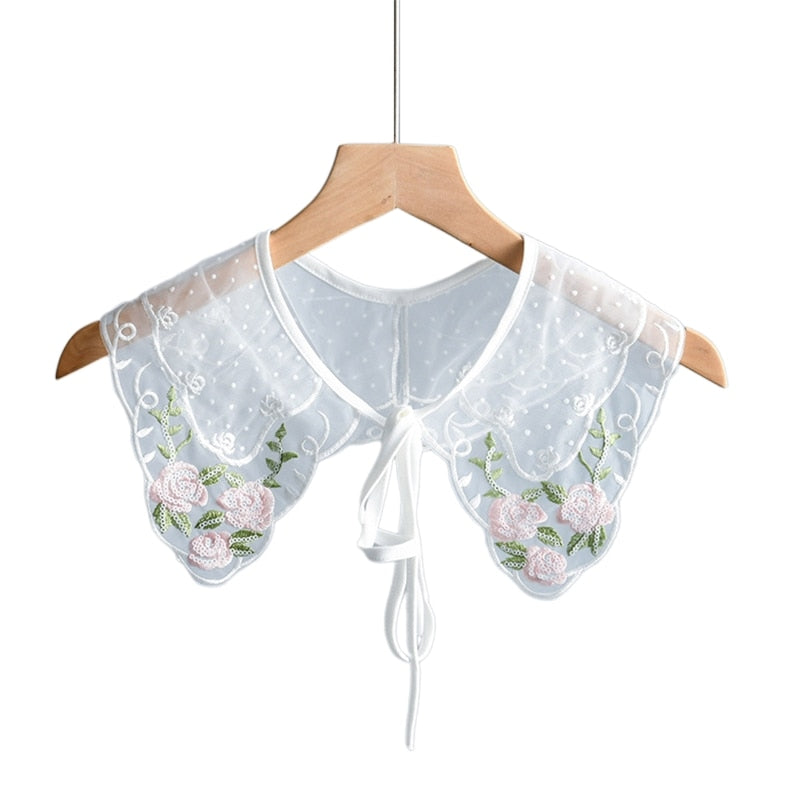 Royal Style Cotton Fake Collar Shawl Wrap Hollow Out Floral Lace Ruffled Trim Necklace Pointed Triangle Lapel Blouse