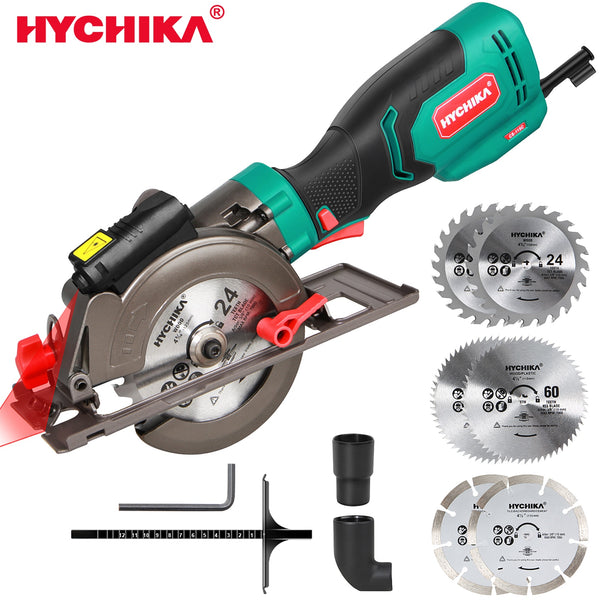 HYCHIKA Mini Circular Saw, 750W Laser Guide Electric Circular Saw, 3500RPM Saw Power Tool with 6 Blades