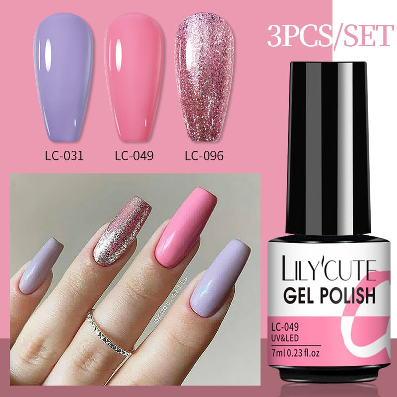 LILYCUTE 3 PCS Gel Nail Polish Set Nude Pink Glitter Sequins Matte Effect Gel Long Lasting Base Top Coat Nail Art Design Hybrid