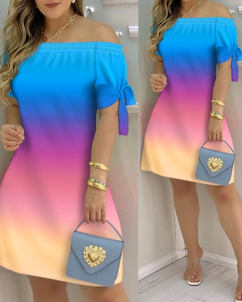 Women Off Shoulder Mini Dress Summer Sexy Short Sleeve Bow Tie Striped Floral Print Dresses Fashion Casual Loose Dress Vestidos