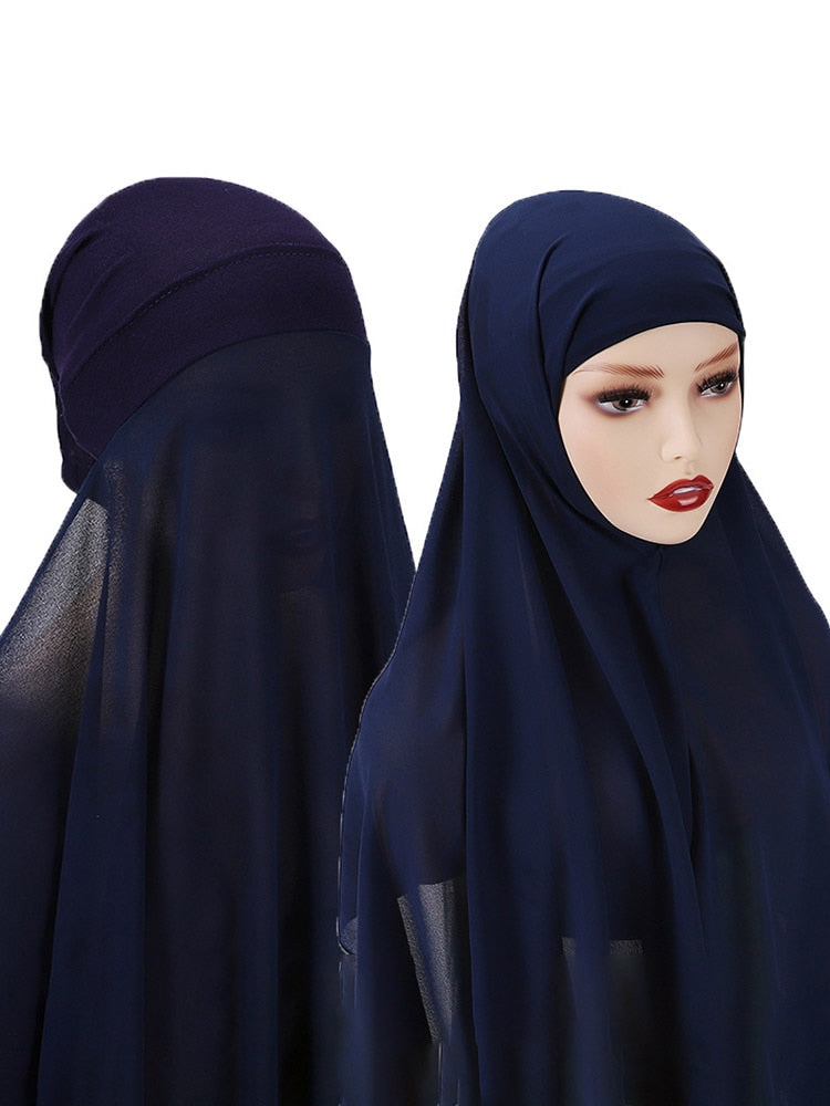 Instant Hijab With Cap Heavy Chiffon Jersey Hijab For Women Veil Muslim Fashion Islam Hijab Cap Scarf For Muslim Women Headscarf