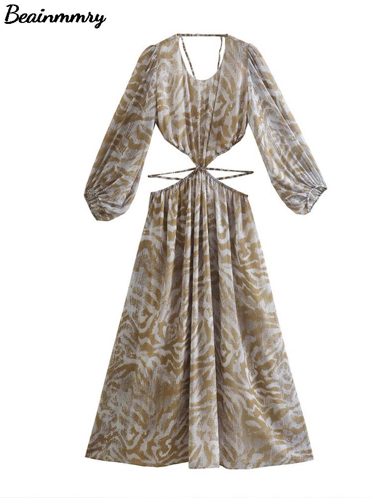 Women Elegant Print Backless Dress 2022 Summer Boho Long Sleeve Floral Hollow Out Dress Casual Loose Beach Vacation Lady Dresses
