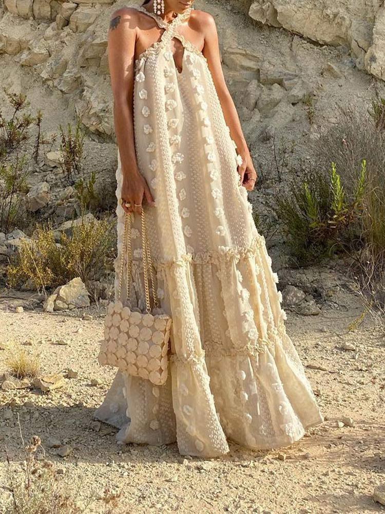 Sleeveless Halter Maxi Summer Dress For Women Fashion Ruffle Beach Long Robe 2022 Elegant Slip Holiday Hollow Out Sundress