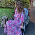 Summer Puff Sleeve Long Dress Women Geometric Print Splicing Half Sleeve Dress Elegant V-Neck Loose Holiday Beach Dress Vestidos