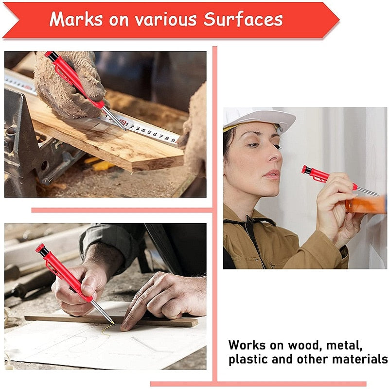 Solid Carpenter Pencil Set with 6 Refill Leads Built-in Sharpener Mechanical Pencil Marking Tool Kit for Woodworking Architect