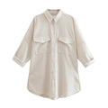 PB&amp;ZASpring 2022 Women&#39;s Versatile Long Sleeve Lapel Front Patch Pockets Side Slit Hem Buttoned Closure Linen Shirt