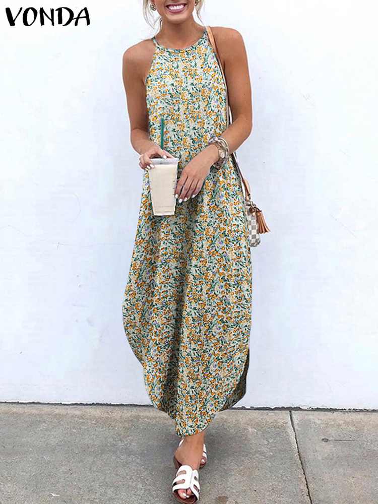 Printed Maxi Dresses VONDA Bohemian Sexy Sleeveless Sundress Women Causal Halter Summer Beach Dress Asymmetric Long Dresses