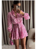 2022 Fashion Women Pleated Dress Party Drawstring Dresses Long Sleeve Female Street Outfit Floral Printed Elegant Casual Summer