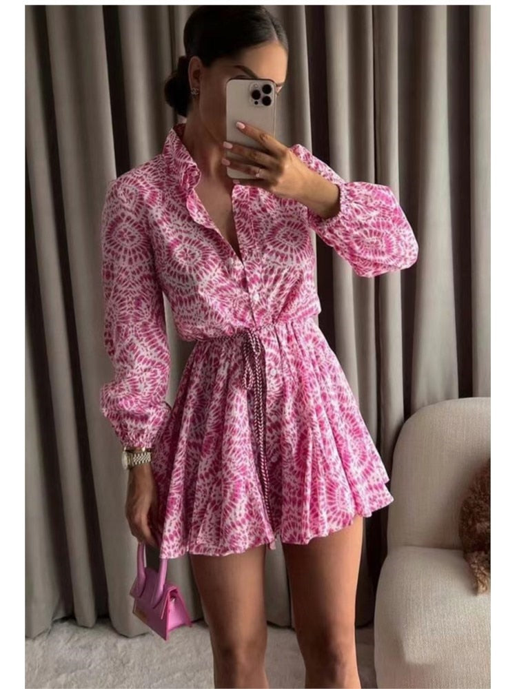 2022 Fashion Women Pleated Dress Party Drawstring Dresses Long Sleeve Female Street Outfit Floral Printed Elegant Casual Summer