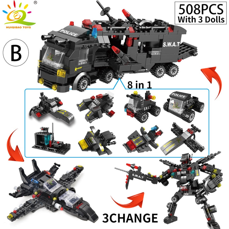 HUIQIBAO SWAT Police Station Truck Model Building Blocks City Machine Helicopter Car Figures Bricks Educational Toy For Children