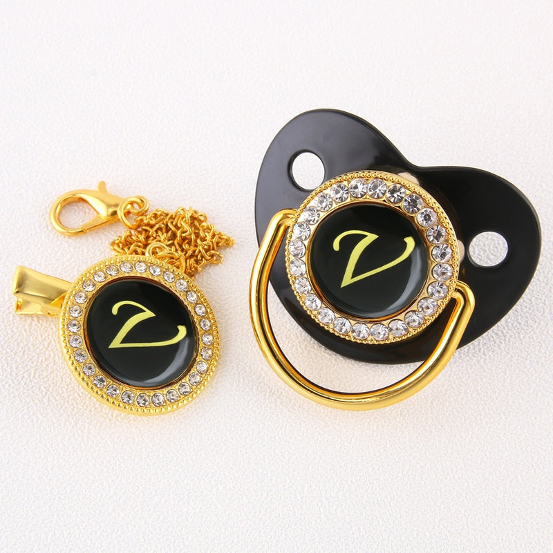 Black Bling Baby Pacifier And Clip Alphabet Letter M Infant Pacifier Gold Letter Unique Name Initials Baby Shower Gift