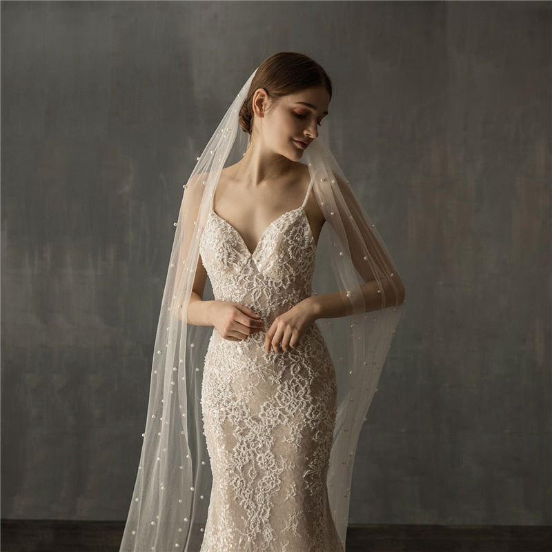 Pearls White Ivory Long Bridal Veil With Comb One Layer Cathedral Wedding Veil with Pearls Velos de Noiva Crystal Beads 75-300cm