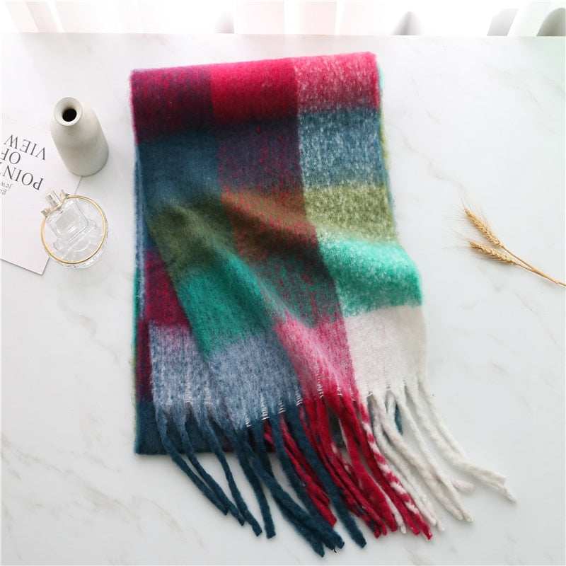 2022 New Women Plaid Scarf Winter Pashmina Shawls Cashmere Thick Wraps Lady Tassel Warm Scarves Rainbow Hairy Bufanda