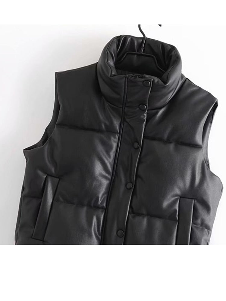 Womens Puffy Vest Down Vest Black Pu Leather Vest Woman Jacket Coat Autumn Winter Outwear Puffer Vest Female  Sleeveless Jacket