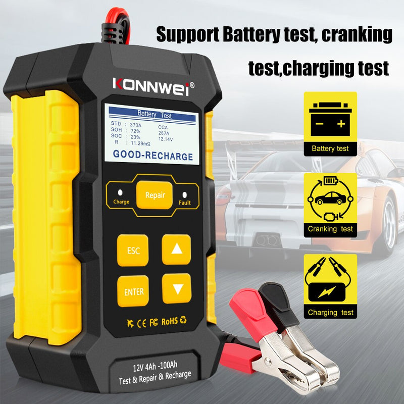 KONNWEI KW510 Car Battery Tester Full Automatic 12V Car Battery Repair Tool Load Cranking Battery Charger Detect Tool PK BM550