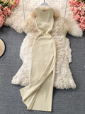 ALPHALMODA 2021 Summer Hollow Out Twisted Back Sleeveless High Slit Sexy Women Knitted Dress Solid Color Feminine Mid-calf Dress