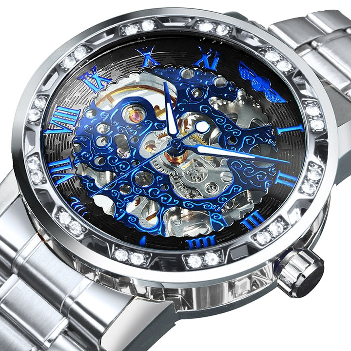 WINNER Transparent Skeleton Watch for Men Mechanical Wristwatches Diamond Watches Mens Luxury Stainless Steel Strap Unisex Clock