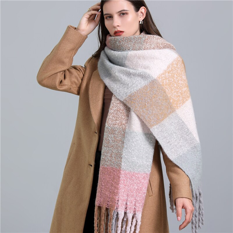 2022 New Women Plaid Scarf Winter Pashmina Shawls Cashmere Thick Wraps Lady Tassel Warm Scarves Rainbow Hairy Bufanda