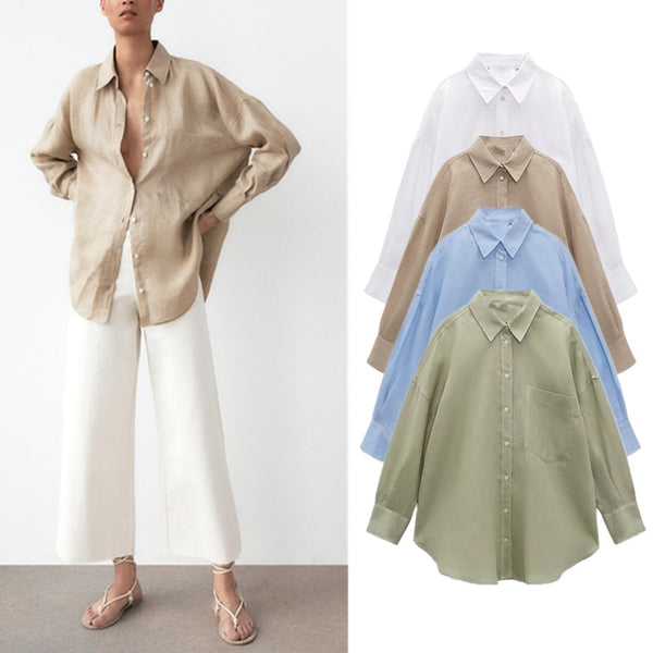 PB&amp;ZASpring 2022 Women&#39;s Versatile Long Sleeve Lapel Front Patch Pockets Side Slit Hem Buttoned Closure Linen Shirt