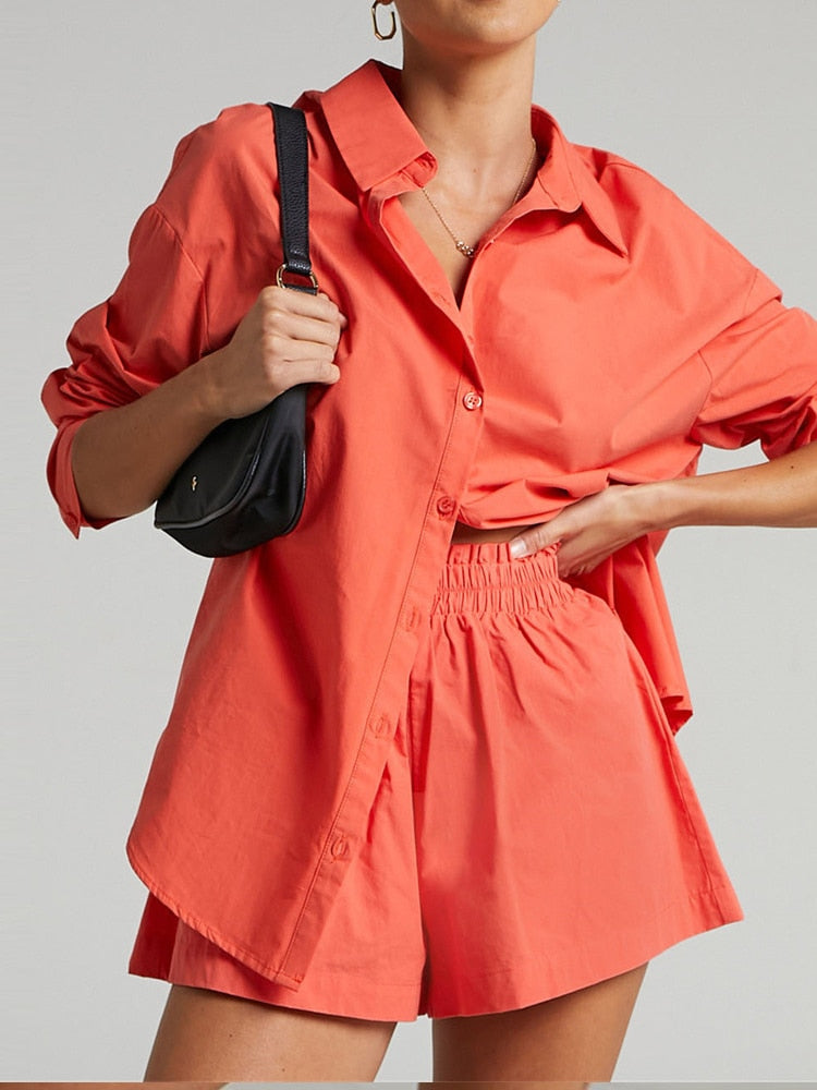 Casual Womem Yellow Lounge Wear Summer Tracksuit Shorts Set Long Sleeve Shirt Tops And Mini Shorts Suit 2021 New Two Piece Set