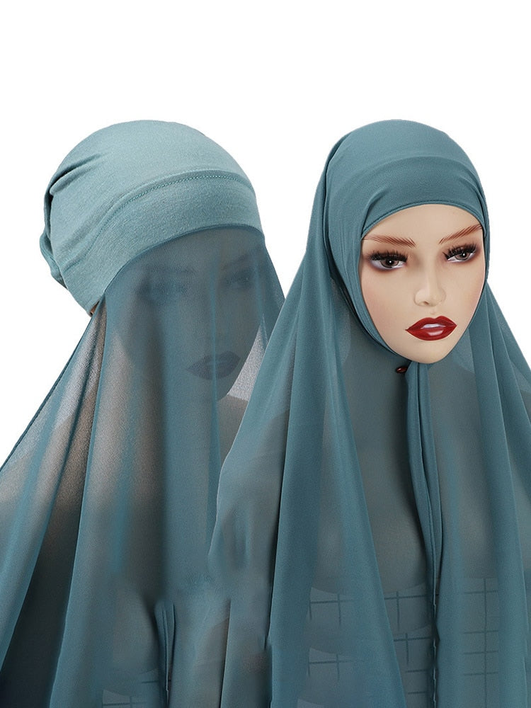 Instant Hijab With Cap Heavy Chiffon Jersey Hijab For Women Veil Muslim Fashion Islam Hijab Cap Scarf For Muslim Women Headscarf