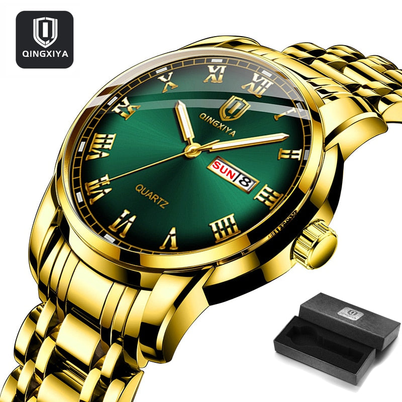 QINGXIYA Top Brand Luxury Gold Red Quartz Watch Men Stainless Steel Luminous Waterproof Watches Week Calendar Business Watch Men
