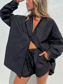 Women Casual Tracksuit Shorts Set Summer Long Sleeve Shirt Tops And Mini Drawstring Shorts Suit Lounge Wear Two Piece Set