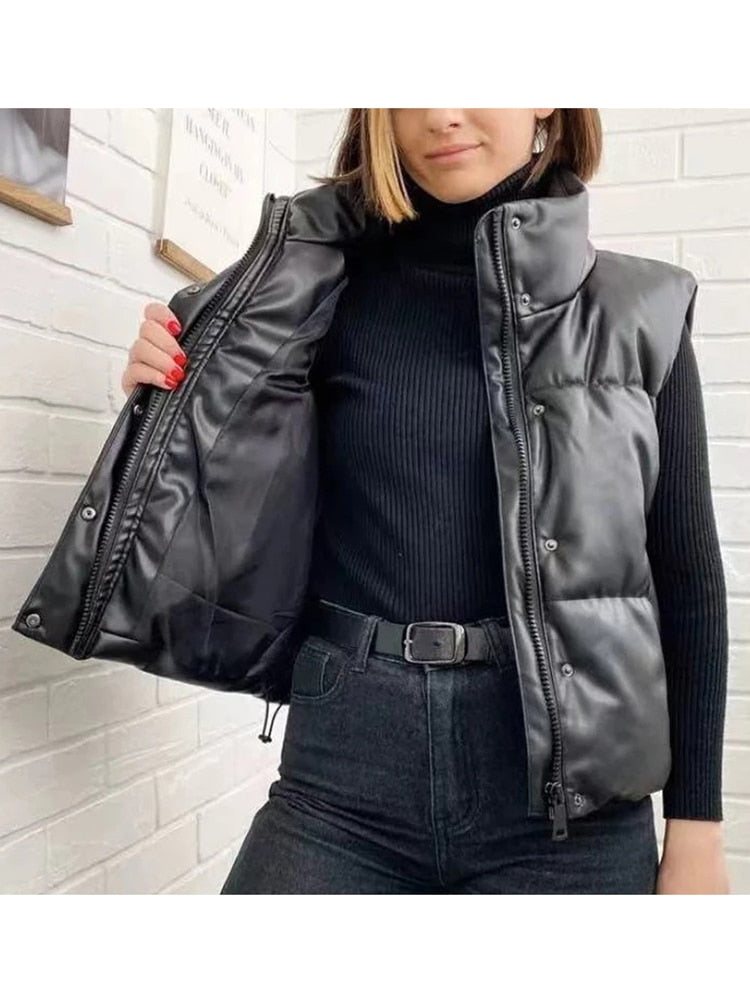 Elina Black Stand Collar Vests Women Fashion Zipper PU Leather Coats Women Elegant Autumn Winter Short Vests Female Ladies IAC