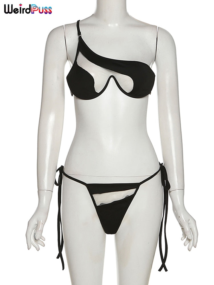Weird Puss Beach Style Women Bikini 2 Piece Set Sexy Mesh Patchwork One Shoulder Bra Top+Bandage Briefs Vacation Trend Clubwear