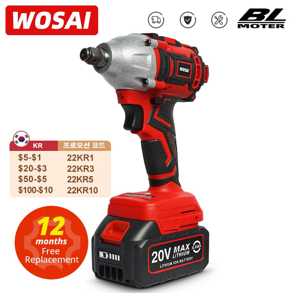WOSAI 20V Cordless Brushless Electric Wrench Impact Wrench Socket Wrench 320N.m Li-ion Battery Hand Drill Installation