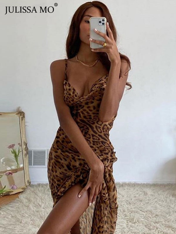 Julissa Mo Leopard Print V-Neck Sexy Bodycon Long Dress Women Lace Up Backless Summer Dresses Female Straps Party Beach Vestidos