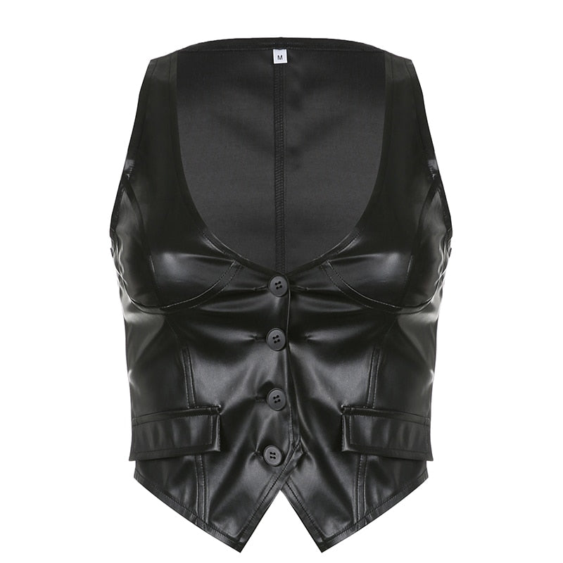Xingqing y2k PU Leather Vest Vintage Aesthetic Women V Neck Sleeveless Button Tank Tops 2000s Dark Academia Tshirt Waistcoat