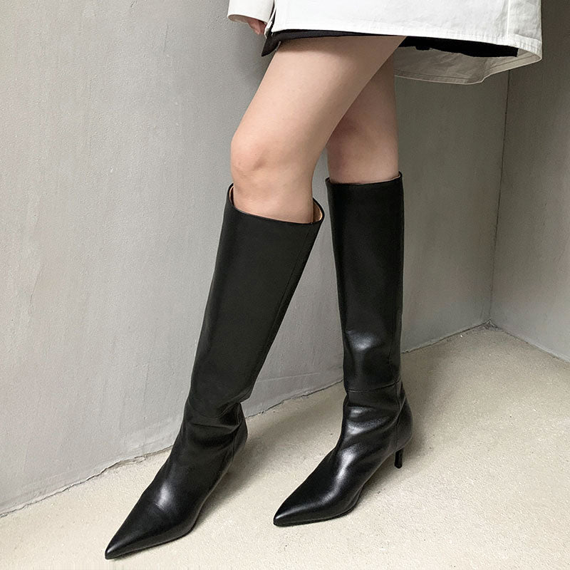 Taoffen Size 33-43 Women Genuine Leather Knee High Boots Pointed Toe Thin Heel Slip On Party Club Winter Ladies Footwear