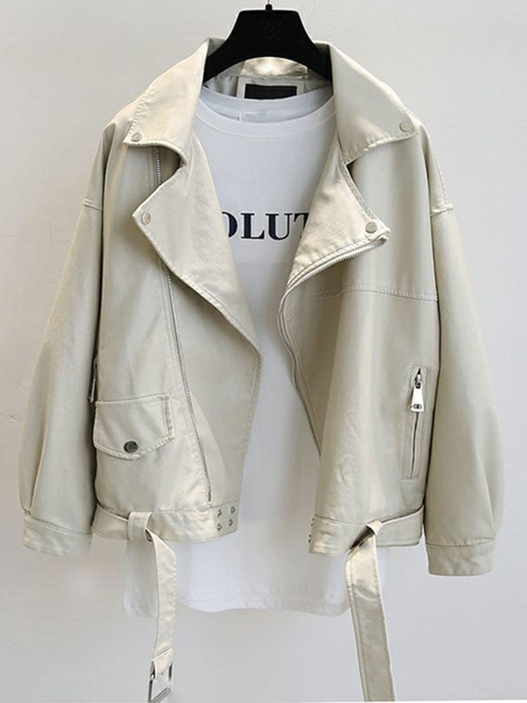 Sungtin Korean Faux Leather Jacket Women Belt Oversize BF Style Punk PU Women&
