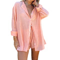 Cotton and Linen suit 2021 Women Solid Clothes Set Half Sleeve Lapel Neck Button-up Shirt+Irregular Hem Drawstring Shorts Sets