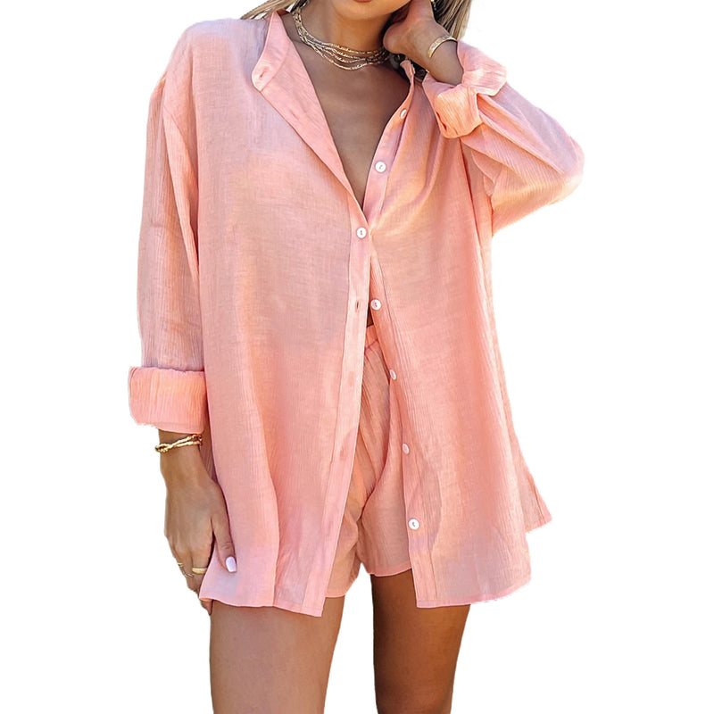 Cotton and Linen suit 2021 Women Solid Clothes Set Half Sleeve Lapel Neck Button-up Shirt+Irregular Hem Drawstring Shorts Sets