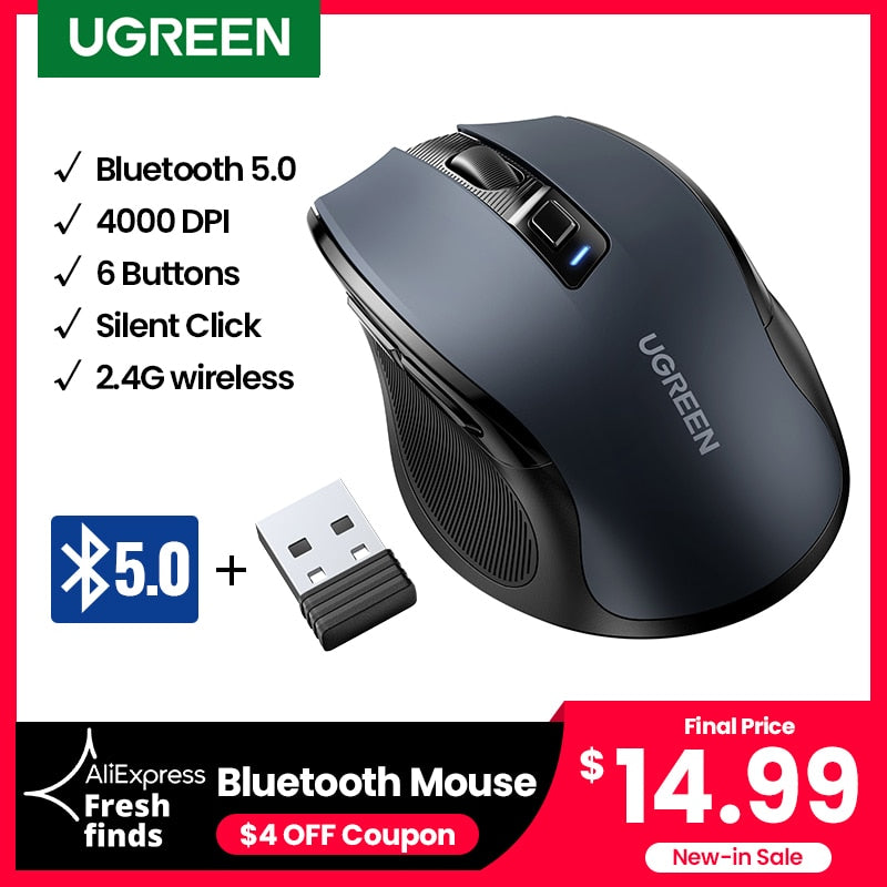 【New-in Sale】UGREEN Wireless Mouse Bluetooth 5.0 Ergonomic 4000 DPI 6 Mute Buttons For MacBook Tablet Laptop PC 2.4G Mice Mouse