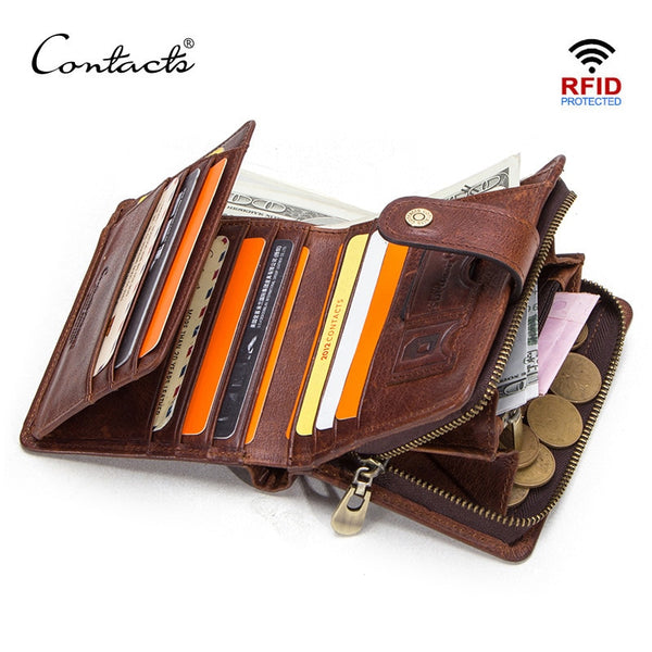 CONTACT&#39;S Genuine Leather RFID Vintage Wallet Men With Coin Pocket Short Wallets Small Zipper Walet With Card Holders Man Purse