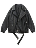 Sungtin Korean Faux Leather Jacket Women Belt Oversize BF Style Punk PU Women&#39;s Leather Jacket Streetwear High Street Biker Coat
