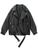 Sungtin Korean Faux Leather Jacket Women Belt Oversize BF Style Punk PU Women&